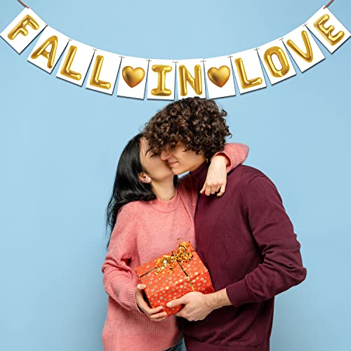 Image of Wobbox White & Golden Balloon Text inchFall In Love inch Bunting Banner for Anniversary, Pre-Wedding & Wedding, Love Banner for Decoretion