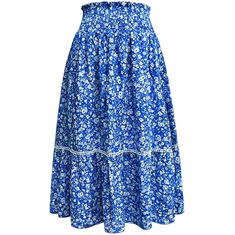 Women Floral Print Long Skirts Casual Elastic High Waist Swing A Line Maxi Beach Boho Skirt, Blue Floral, Small Cover