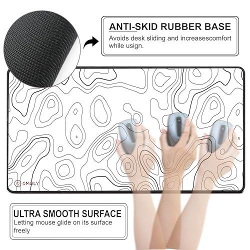 Image of White Contour Line Mouse Pad 18x36 Inch 3mm Extended Gaming Desk Mat with Anti-Slip Rubber Base Mousepad for Smooth Surface Desk pad for PC & Laptop Use Waterproof & Stiched (Black /White)Deskpad