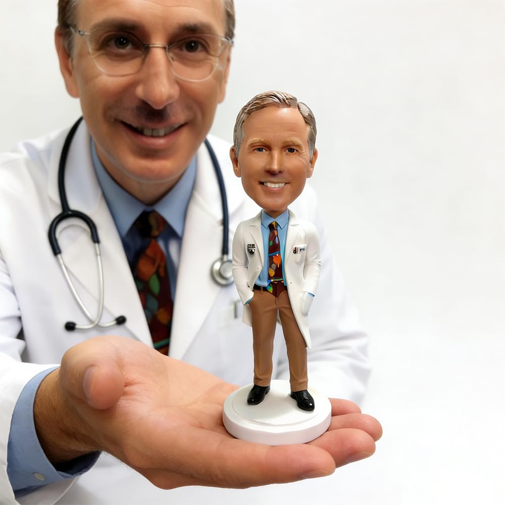 Personalisierte Doktor-Figur, Wackelkopf, weißer Mantel, männlicher Arzt mit Stethoskop, Geschenk zum Abschluss und Wertschätzung für Ärzte