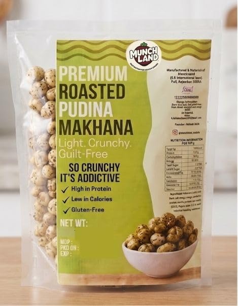 Munch Land Roasted Makhana – Pudina Flavored Fox Nuts, Healthy Namkeen Puffed Snacks, Gift & Hamper ready Phool Makhana, Gluten Free, Rich in Protein & Fiber, 250gm Family Pack | Party Pack Roasted Lotus Seeds.-image-45