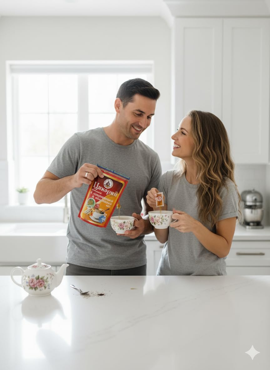 Russian Instant Chicory - 100% pure and organic dried chicory root, 4 flavors of 100g each sea buckthorn, blueberry, lingonberry, rosehip, and lemongrass - caffeine-free, non-GMO, gluten-free, coffee alternative + 3 bags of honey Unipromax Bandle