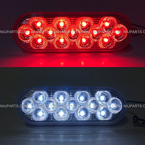 Niuparts 2Pcs 6" Oval 13 Diodes Clear/Red-White Led Stop Turn Tail Truck Light With Rubber Grommet & Pigtail #TOP3