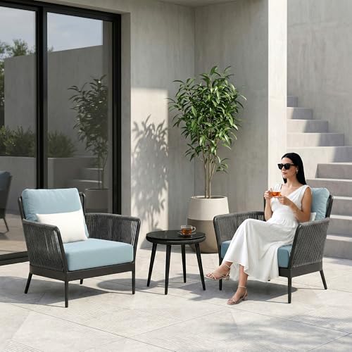 Image of BRISHI Garden Patio Seating Chair and Table Set Outdoor Balcony Garden Coffee Table Set Furniture with 1 Table and 2 Chairs Set with Cushion Braid & Rope (Grey /Blue)