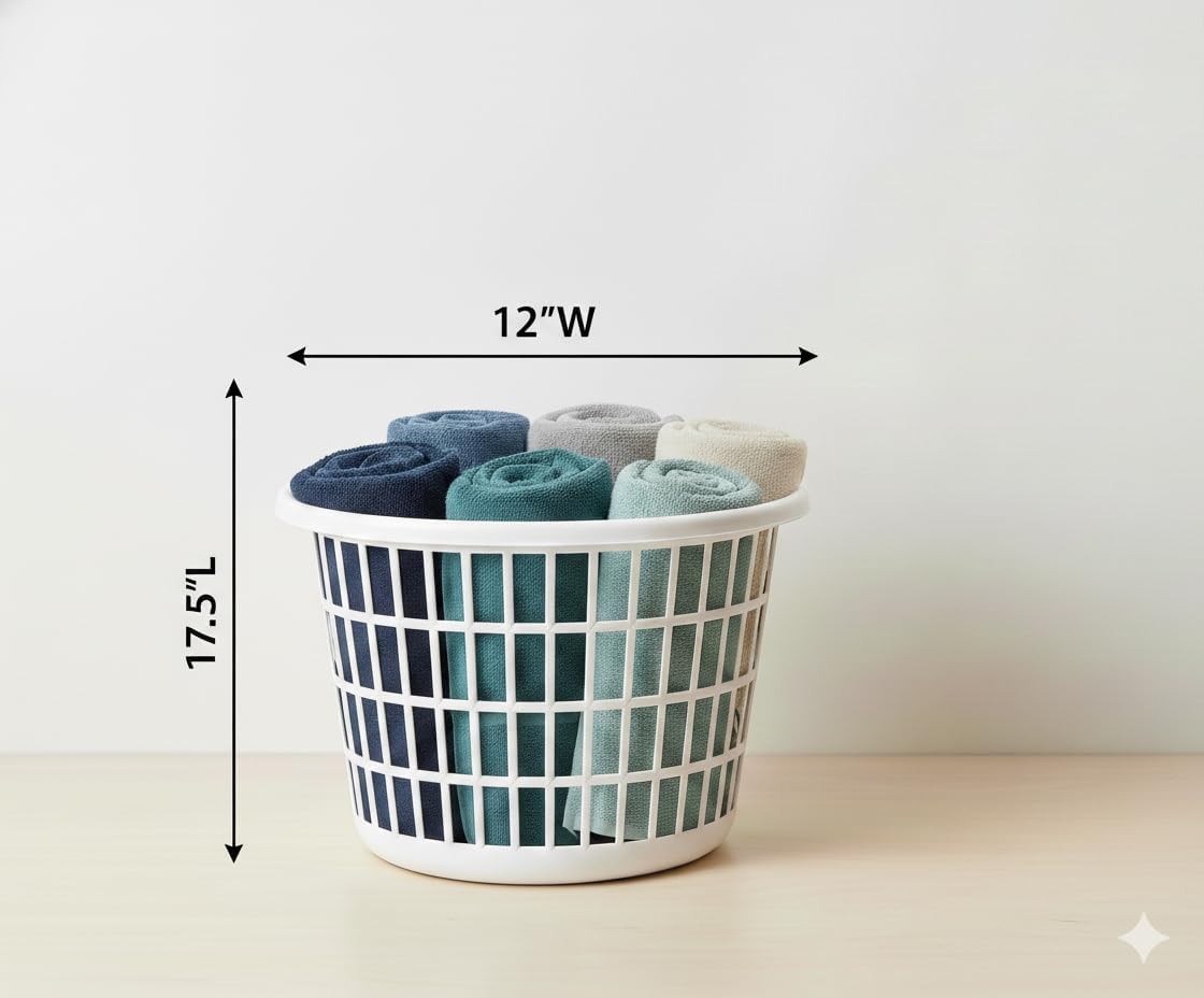 Set of 10 White Round Plastic Laundry Baskets – 1 Bushel Capacity, Lightweight & Durable for Bathroom, Bedroom, Dorm & Laundry Room, 17.5 x 17.5 x 12 Inches