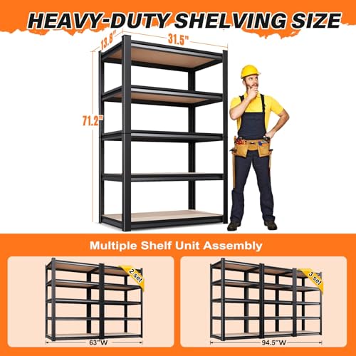 71.2''H Storage Shelves, 2500lbs Garage Shelving,Adjustable Heavy Duty Shelving Unit,5T Tall Garage Shelves,Wood Metal Standing Shelf Units,Utility Rack for Kitchen 71.2''H*31.5''W*13.8''D - Image 4