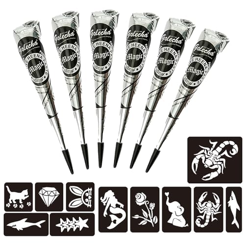 Naturic 6x Henna Tattoo Schwarz Temporäre Tattoo + 11x Henna Tattoo Schablone Temporäre Mehndi Tattoos Natürliche Kegel Tattoo sticker Temporäre Tätowierung Schwarz