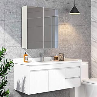 TUKAILAi Bathroom Mirror Cabinet 1 Door Storage Cupboard Wall Mounted Bath Cabinet with Adjustable and Open Shelves Organiser Waterproof Wooden Frame Bathroom Cabinets with Mirror