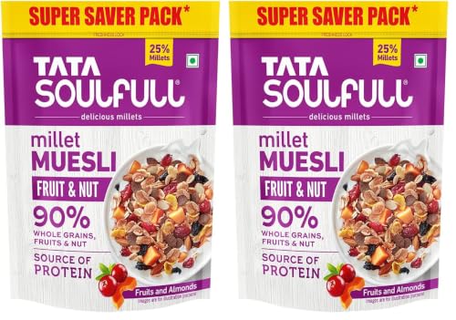 Image of Tata Soulfull Millet Muesli, Fruit & Nut, 700 g, With 20% Crunchy Millets, 90% Whole Grains, Source of Protein, High in Fibre, Contains Ragi, Jowar & Bajra (Pack of 2)