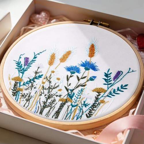 Image of Crafmanoe Flower Embroidery Kits for Beginners Adults, Hand DIY Embroidery Starter Kits, Floral Stamped Cross Stitch Kits for Beginners Adults Craft Kits for Women, Embroidery Hoops, Fabric and Thread