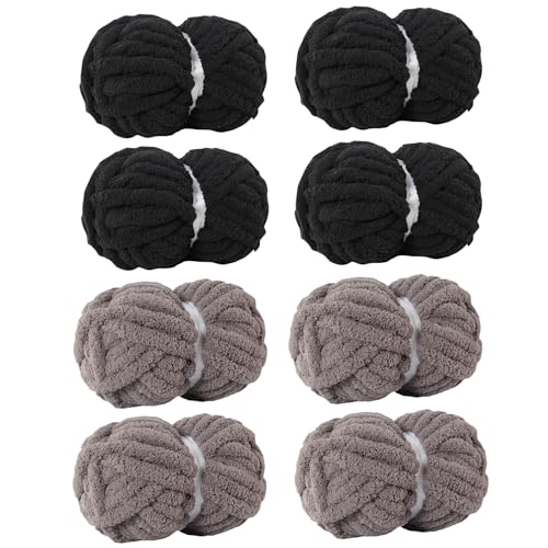 Image of Chunky Yarn for Hand Knitting Soft Jumbo Bulky Fluffy Chenille Yarn for Crocheting Blanket Scarf DIY 8 Pack (Black+Grey, 28yds, 8 Ounces Each)