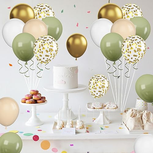 Image of Green & Gold Balloons - 60 Pcs Sage Green & Apricot, 12 Inch Metallic Gold Confetti, Retro Green Latex for Baby Shower, Wedding, Birthday, Jungle Animal Theme Party Decorations