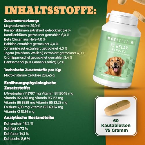 NATIVIVO K1 Relax Komplex Beruhigungsmittel für Hunde - Baldrian Hanföl & L Tryptophan Hund Beruhigung - Hunde Beruhigungsmittel unterstützend bei Angst & Stress - Beruhigung Hund - 60 Tabletten