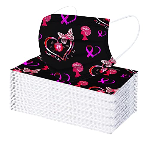 50PC Disposable Face_Mask, Pink Ribbon Print Adults 3-layer Mouth Bandanas Breathable Face Protection, Breast Cancer Awareness Hope Facial Protective Face Coverings For Women Men