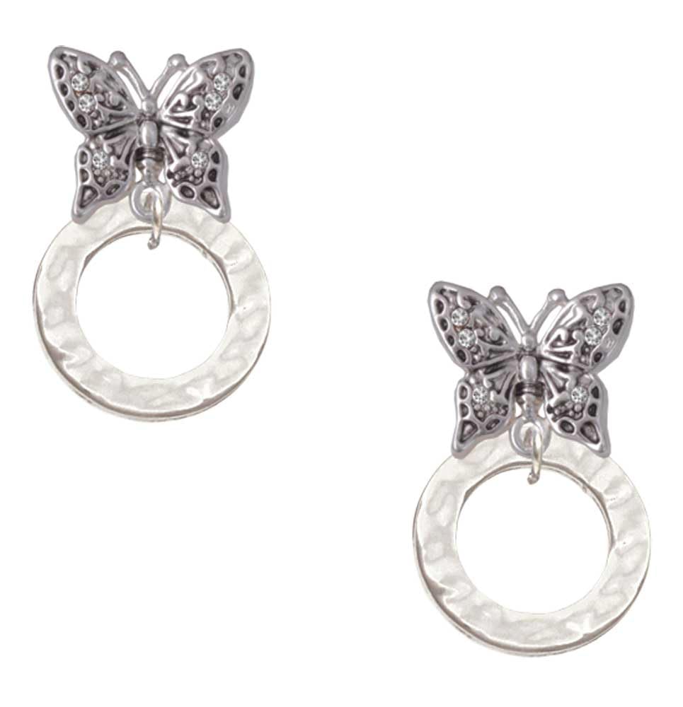 Plated Hammered Karma Ring Silvertone Antiqued Butterfly Post Earrings