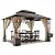 HAPPATIO 10' x 12' Hardtop Gazebo, Outdoor Gazebo with Netting and Curtains, Double Roof Permanent Patio Metal Canopy with Storage Shelf for Patio, Deck, Backyard (Brown)