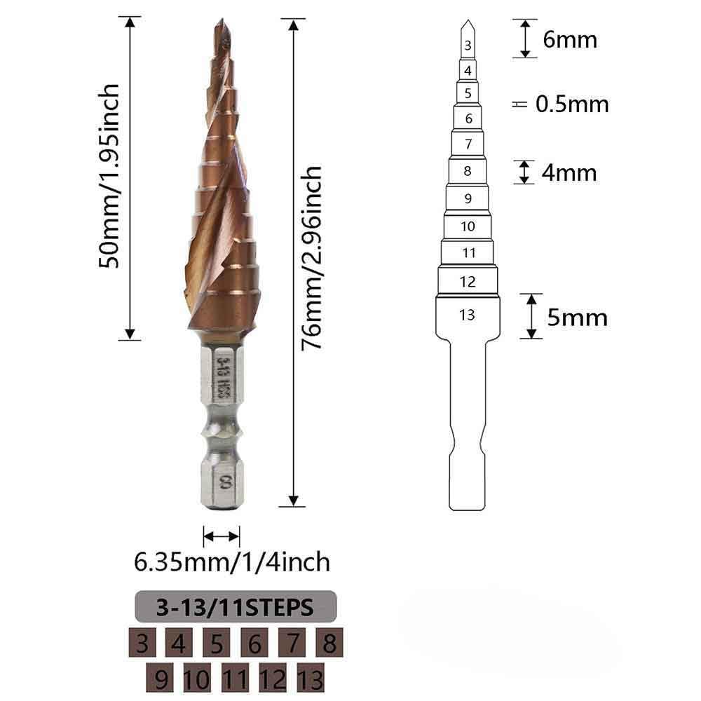 Punta da trapano a gradini in acciaio al cobalto M35 per acciaio inossidabile, metallo, ferro, rame, alluminio e legno, 5% cobalto HSS-Co, 11 misure, punta da trapano da 3-13 mm, 1 pz 3 mm, 13 mm, es