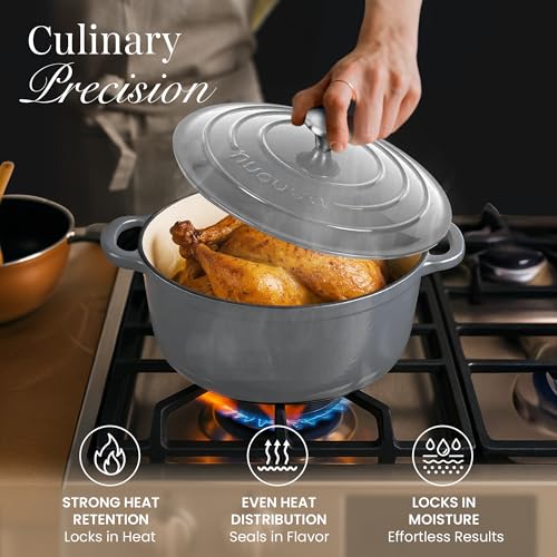 Image of Cast Iron Pot with Lid-Non-Stick Ovenproof Enamelled Casserole Pot, Oven Safe up to 500 F-Sturdy Dutch Oven Cookware - Grey, 5-Quart, 24cm-by Nuovva