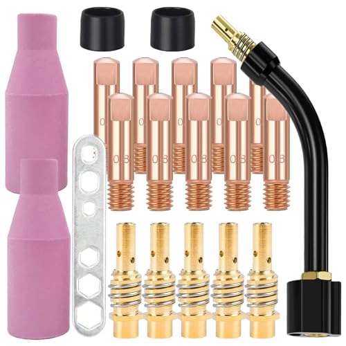 21Pz Accesorios de Soldadura Consumibles de Máquina de Soldadura, 10 Punta de Contacto M6 0.8mm, 5 Soporte de Boquilla, 2 Aislante, 1 Herramienta para Antorcha de Soldadura MB15AK MIG MAG (0,8mm)