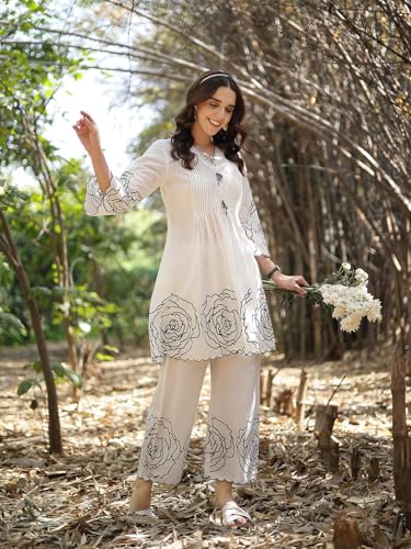 Image of Stylum Women's Floral & Embroidered Cotton Short Kurti Palazzo Set