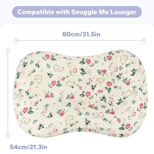 Image of FUNUPUP Muslin Baby Lounger Cover Only, Bunny Flower | 100% Muslin Cotton Soft Breathable Easy On /Off Envelope Closure Machine Washable Easy-Clean Protector Neutral Colors