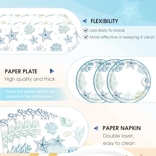 Image of 41Pcs Ocean Seashell Party Supplies Kit,Coastal Beach Disposable Party Tableware Decorations,Starfish Coral Paper Plates Napkins and tablecloth for Kids Summer Birthday Baby Shower, Serves 20
