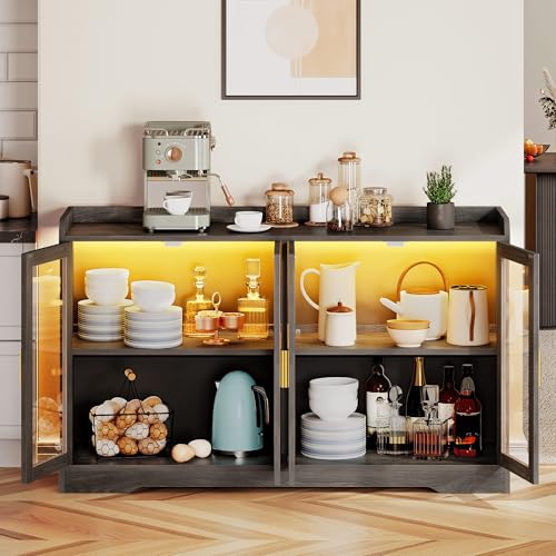 DWVO 55'' Sideboard Buffet Cabinet, Bar Cabinet with LED Light, Doors & Adjustable Shelves for Kitchen, Dining Room, Living Room, Charcoal Grey