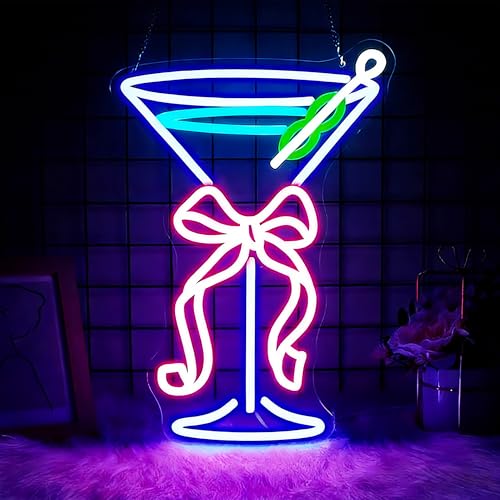 Image of Neon Sign, JGHTURIE Bow Cocktail Neon Signs for Wall Decor Pink Blue Light up Sign Bar Club Party Signs for Man Cave Decor USB Powered