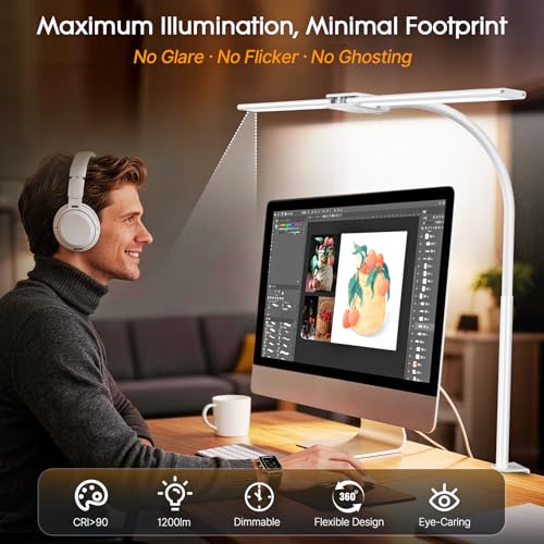 Image of Syrinx LED Desk Lamp, Dual Head Desk Light with Clamp, 50 Lighting Modes Eye-Caring Table Lamp, Flexible Gooseneck Task Light with Motion Sensor, Wired Control, Timer & Memory Function for Home Office