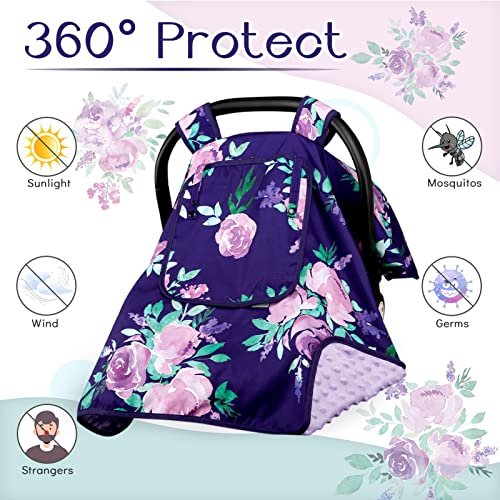 Image of Baby Carseat Seat Cover Girls, Winter Carseat Canopy, Cozy & Warm Cover with Zipper Peep Windows, Infant Minky Carrier Cover, Soft Breathable, Baby Must Have, Purple Stuff