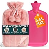 3.5L Extra Large Hot Water Bottle with Zipper & Hand Pocket - Large Hot Water Bottle with Pink Fur Cover for Pain Relief, Hand and Foot Warmer - Luxury, Soft and Washable