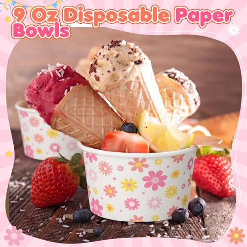 Image of Funnymoom 50 Pack Groovy Ice Cream Cups 9 oz Boho Daisy Disposable Dessert Bowls Flower Paper Soup Bowls Snack Cups for Hot or Cold Food Daisy Retro Hippie Baby Shower Wedding Birthday Party Supplies