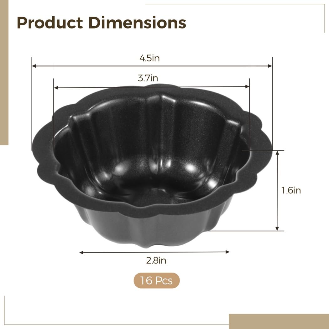 Moldes redondos de metal Kugelhopf para pudín, magdalenas, brownies, cupcakes, moldes de acero al carbono, moldes para hornear mini pasteles, 16 moldes antiadherentes, moldes con forma de