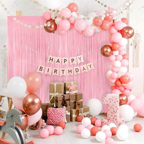Image of 2Pack Pastel Pink Metallic Tinsel Foil Fringe Curtains, 3.3 X 8.3ft Pink Party Streamers Backdrop Curtains for Birthday Party Decorations, Halloween Decor, Foil Curtain Backdrop for Bachelorette Party