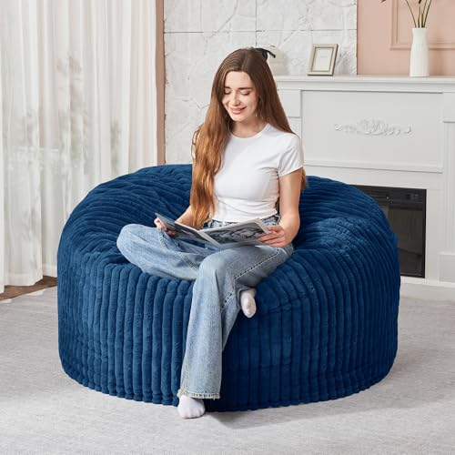 Image of HABUTWAY 3FT Bean Bag Chair, 3' Large Bean Bag Chairs for Adults with Stripe Plush Cover, Memory Foam Beanbag Chair for Living Room Bedroom Dorm,Blue