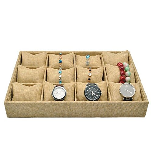 GossipBoy öffnen Armband Stacker / Schmuck-Box Anzeige Fall Lagerung Inhaber / Uhr Organizer (12 Sektionen, 12 Kleine Leinen Kissen, Beige, Leinen und Baumwolle Futter, 35 x 24 x 4 cm) Cover