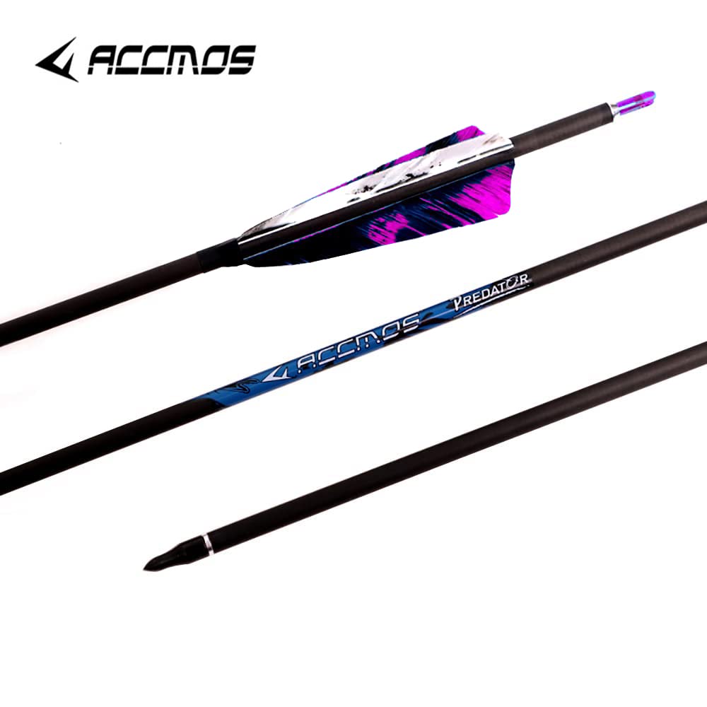 ACCMOS 6pz Blanco Púrpura Pluma Flechas de Caza Spine 250 300 340 400 500 600 700 800 ID 6.2 mm 4" Pluma de Pavo de Camo 27-33 Pulgadas para Arco y Flecha Tiros