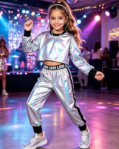 Image of Betusline Girls 2 Piece Outfits Girls Cropped Sweatsuit Pants Outfit Clothes Set, 4T-14 Years