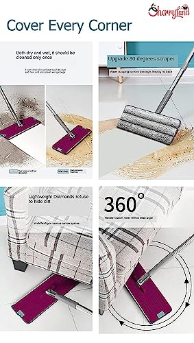 Image of Superior Sturdy and Heavy Quality Floor Mop with Bucket Set, Hands-Free Flat Floor 360 Flexible Mop and Bucket with 2 Reusable Microfiber Pads, Wet and Dry Use, Floor Cleaning Supplies (Wine)