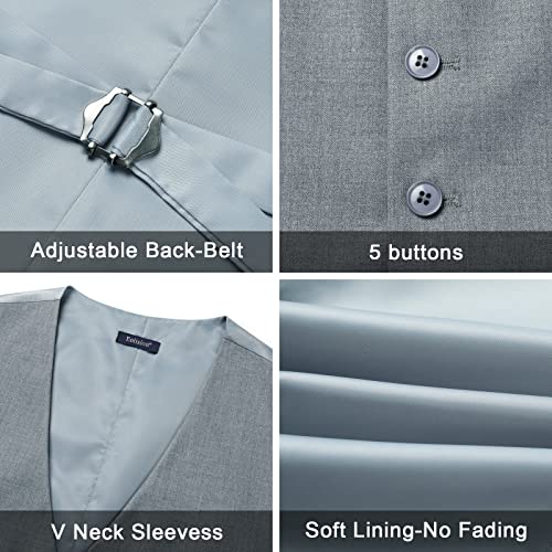 Enlision Mens Vest Dress Tie Set 5Pc Tuxedo Grey Suit Vests Formal Business Waistcoat Striped Necktie Pocket Square Cufflink For Wedding Party Solid Color #TOP3