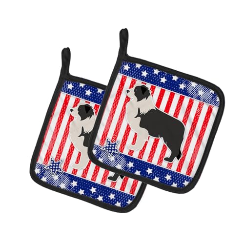 Caroline's Treasures BB3323PTHD USA Patriotic Black Border Collie Pair of Pot Holders Kitchen Heat Resistant Pot Holders Sets Oven Hot Pads for Cooking Baking BBQ, 7 1/2 x 7 1/2