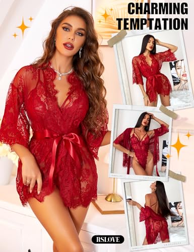Foto de RSLOVE Conjunto de lencería sexy para mujer, 2 piezas, bata de kimono de encaje con lencería de peluche de encaje, body sexy (imagen 5)