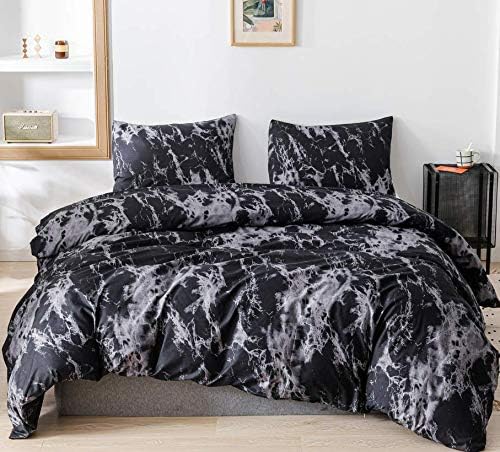 JANZAA 3 PCS Duvet Cover Set Queen Marble Pattern Printed Black Soft Microfiber Bedding Set with Zipper Closure(Black Marble,Queen)