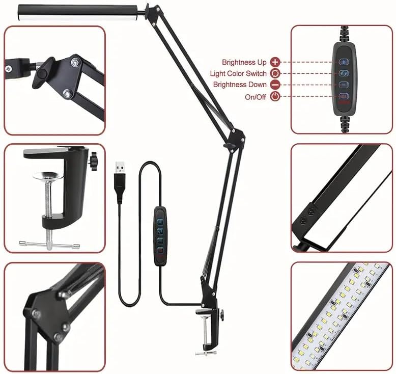 Miniatura 7 de HDView Lámpara de escritorio LED con 3 modos de cuidado de los ojos, 10 brillo; lámpara flexible larga y ajustable con brazo oscilante para