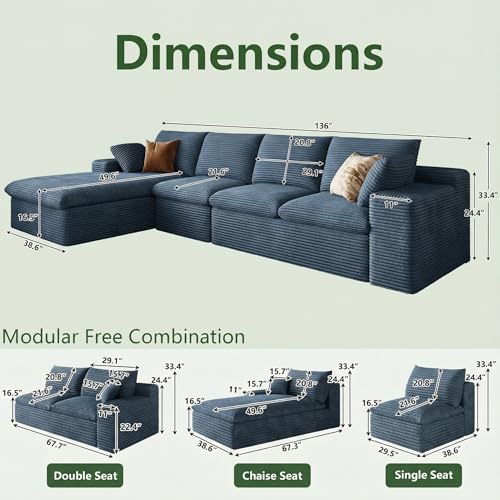 Image of 136 inch Cloud Couch Modular Sectional Sofa for Living Room, L-Shape Boneless Couch with Deep Seat, Modern Corduroy 4-Seater, No Assembly Required (Blue,Left-Facing Chaise)
