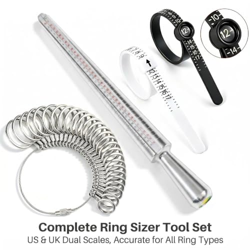 Image of Bflaae 4 PCS Ring Sizer Measuring Tool Kit with Ring Mandrel, 27 PCS Stainless Steel Ring Gauges, 2 PCS Reusable Finger Size Tape with Magnified Glass 1-17 USA Rings Size