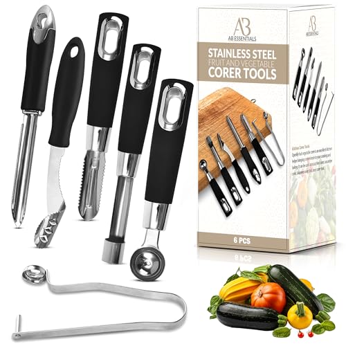 Fruit and Vegetable Corer Set – 6 PCS Stainless Steel Apple Corer, Jalapeno Tool, Melon Baller, Pepper Corer Seed Remover Tool, Pineapple Tomato & Zucchini