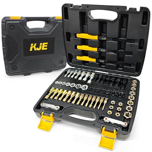 KJE 61Pcs Thread Restorer Kit Rethreading Kit UNC UNF & Metric Thread Chaser Set with Taps Dies Thread Files & Pitch Gauges for Repair Damaged Threads Bolts Nuts and Screws