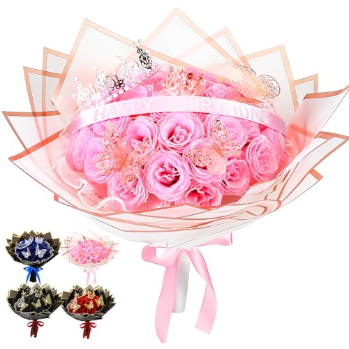 Thiccywoov Glitter Roses Bouquet Gifts Artificial Rose DIY Flower Bouquet Kit Birthday Gifts Flower Wrapping Paper 3D Butterflies Crowns for Mother Anniversary Graduation(Pink,36 Pcs)
