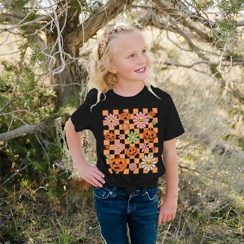 Image of Girls Halloween Shirt Pumpkin Flower Face Checkered T-Shirt Kids Crewneck Short Sleeve Spooky Season Gift Tee Tops(Black,11-12 Years)